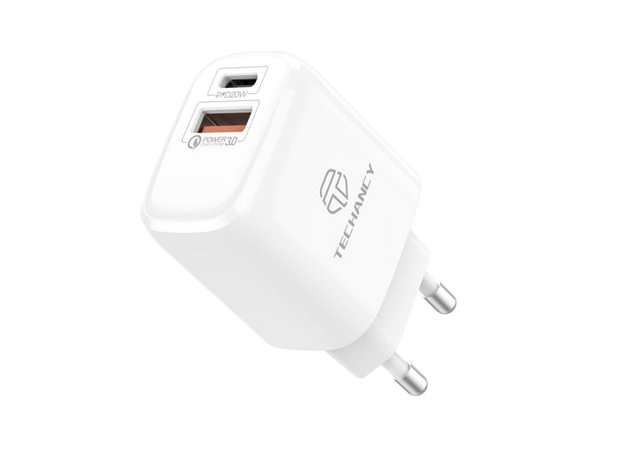 Hvit Techancy TA2801-lader på 20 W med PD- og QC 3.0-hurtiglading