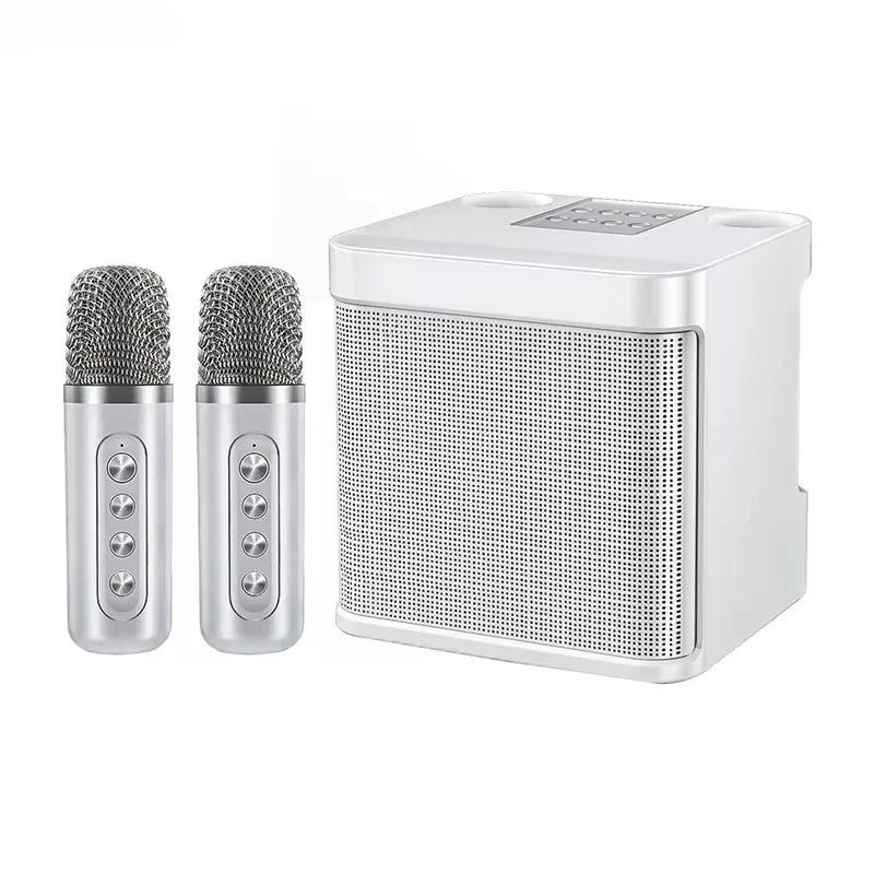 Enceinte de karaoké portable avec deux microphones, blanche