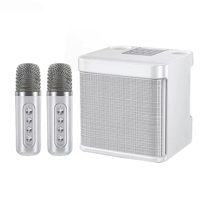 Enceinte de karaoké portable avec deux microphones, blanche