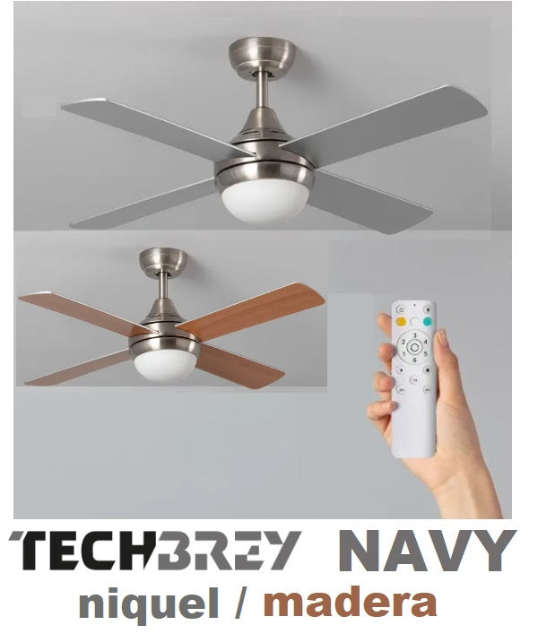 VENTILADOR TECHO NAVY NIQUEL/MADERA 4 PALAS LUZ