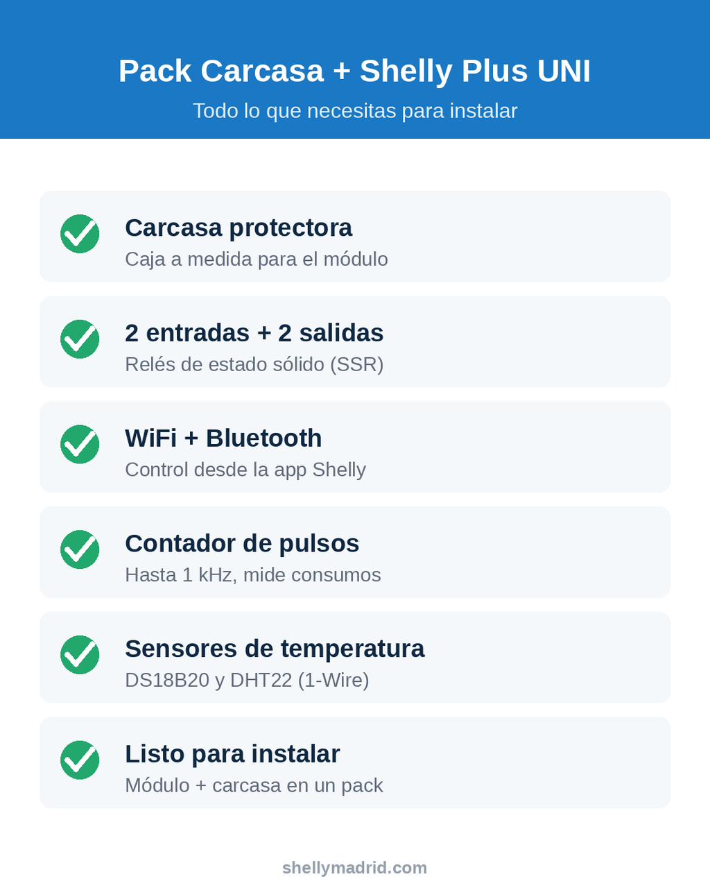 Pack Shelly Plus Uni + Carcasa + DS18B20 (1 m) + DHT22 + Sensor de Nivel XKC-Y25 — Control Total WiFi