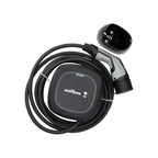 Visning ovenfra af den sorte Wallbox Pulsar Max-lader til elbiler med Type 2-kabel; stativet, der vises til illustration, medfølger ikke.