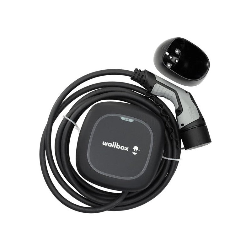 Visning ovenfra af den sorte Wallbox Pulsar Max-lader til elbiler med Type 2-kabel; stativet, der vises til illustration, medfølger ikke.