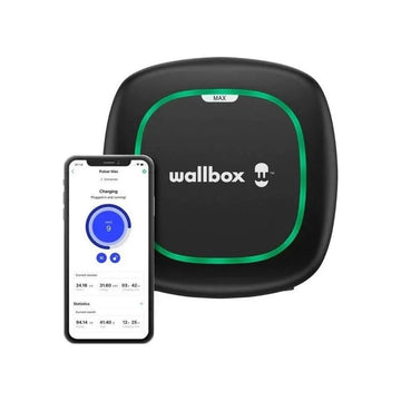 Wallbox Pulsar Max 22 kW-lader til elbiler og eksempel på styring via app; katalogbillede.