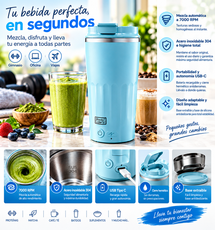 Vaso Mezclador Automático 400 ml: Bebidas perfectas y sin grumos en segundos
