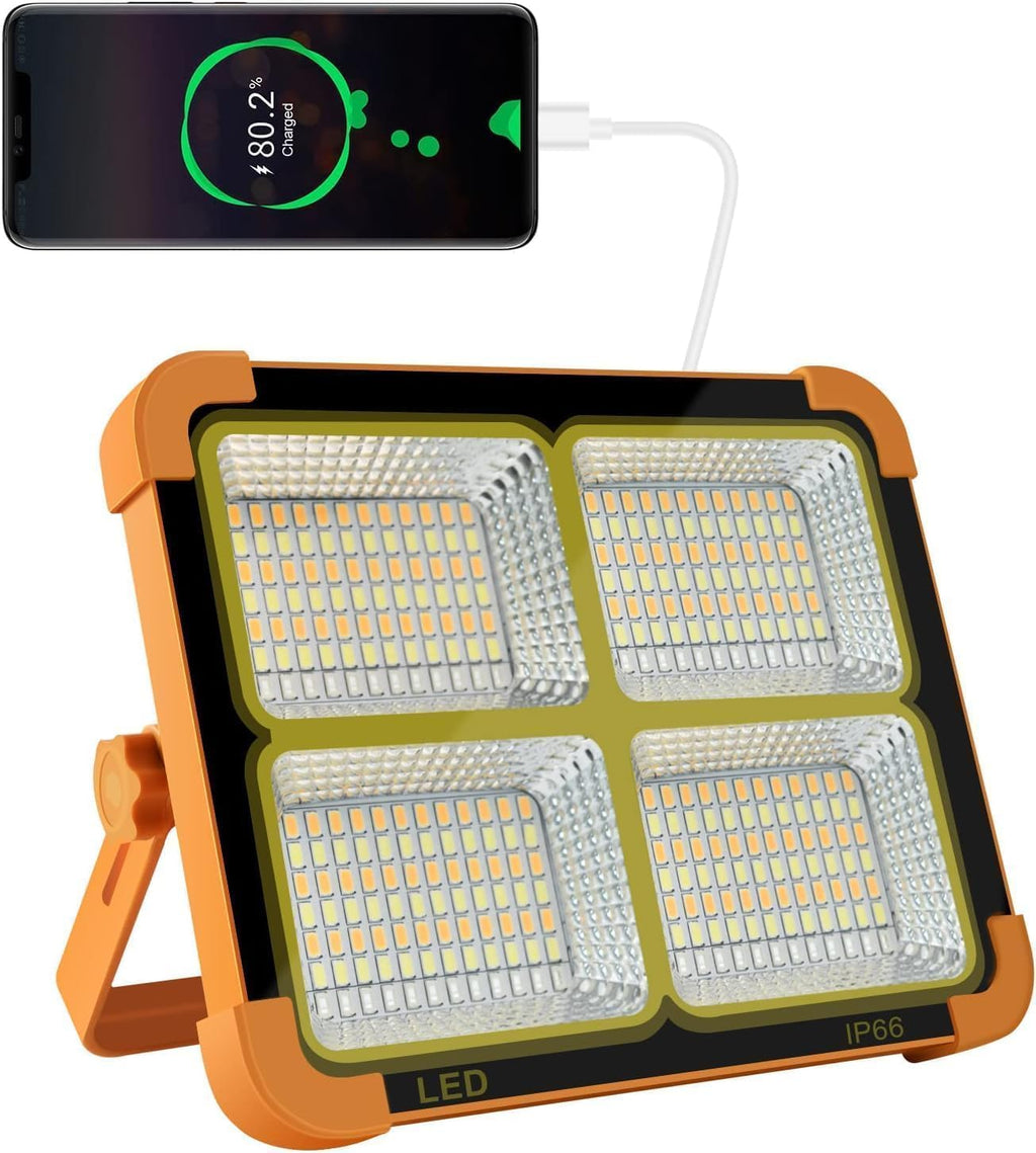 Foco LED Solar 100W con 336 LEDs y 2800 Lúmenes – Powerbank y Carga Solar