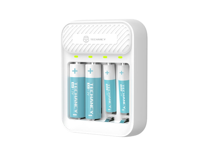 Techancy MM5420-batterilader med 4 ladeplasser for AA/AAA Ni-MH på 1,2 V og LED, hvit